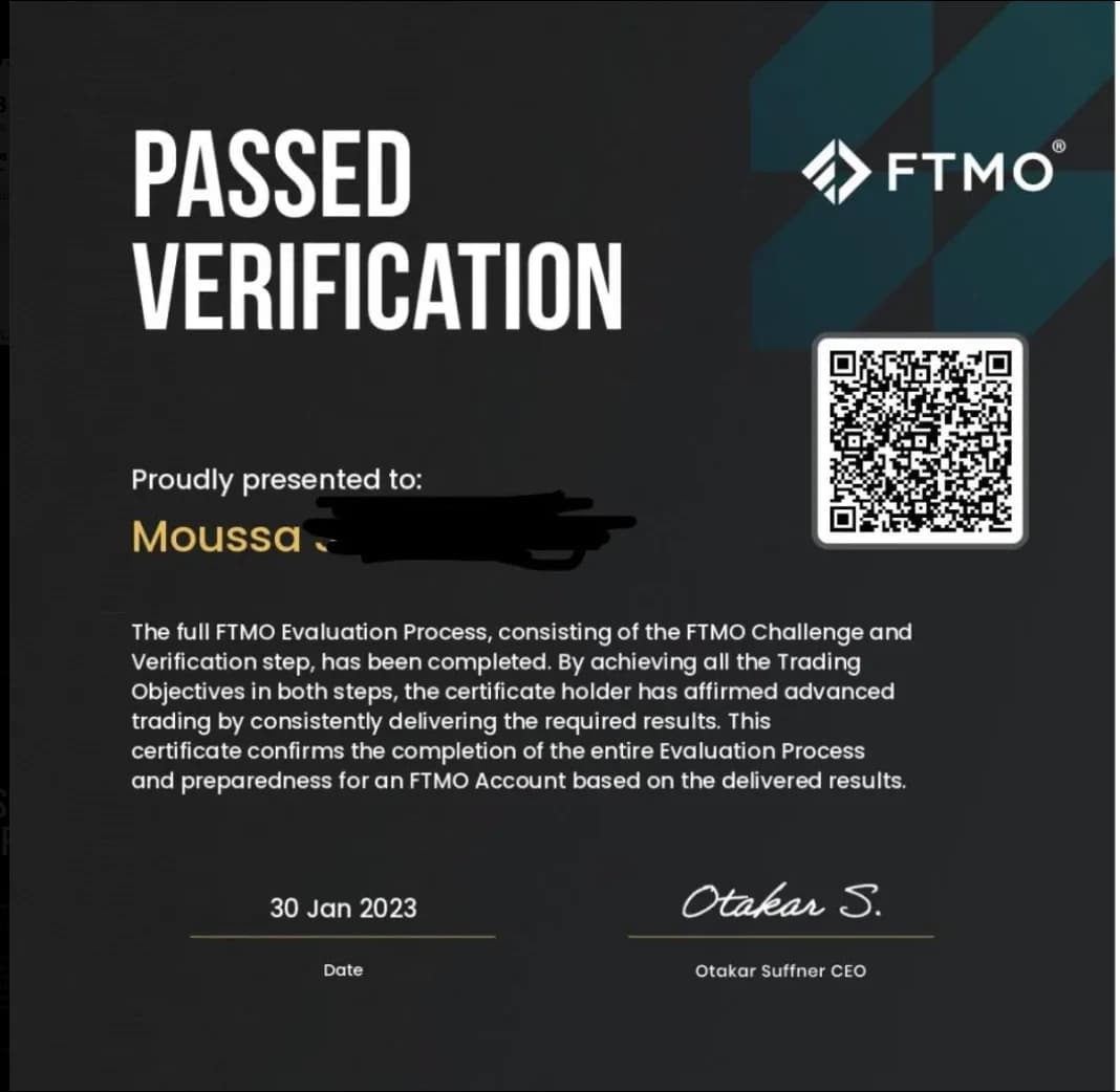 Certification FTMO obtenue par un élève