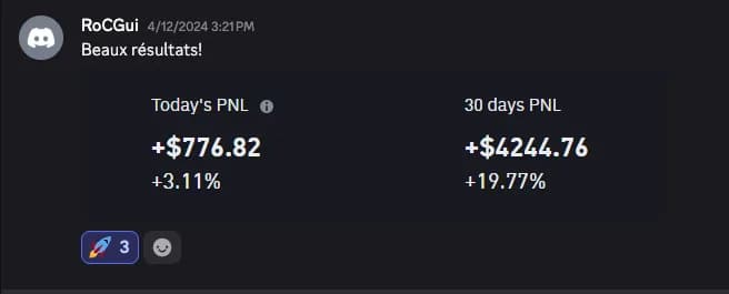 Bilan PnL sur 30 jours partagé par un élève sur Discord