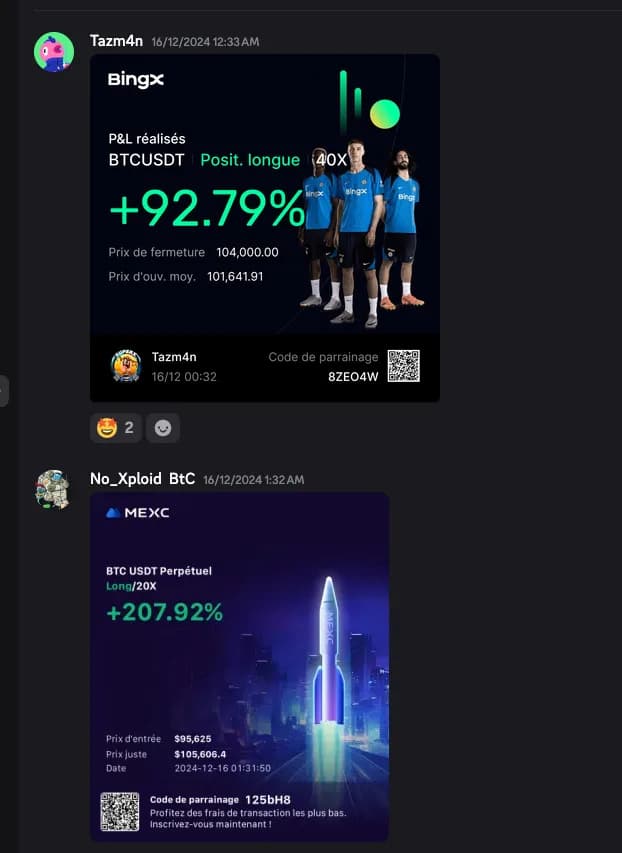 Deux membres sur BTC à +92,79 % et +207,92 %